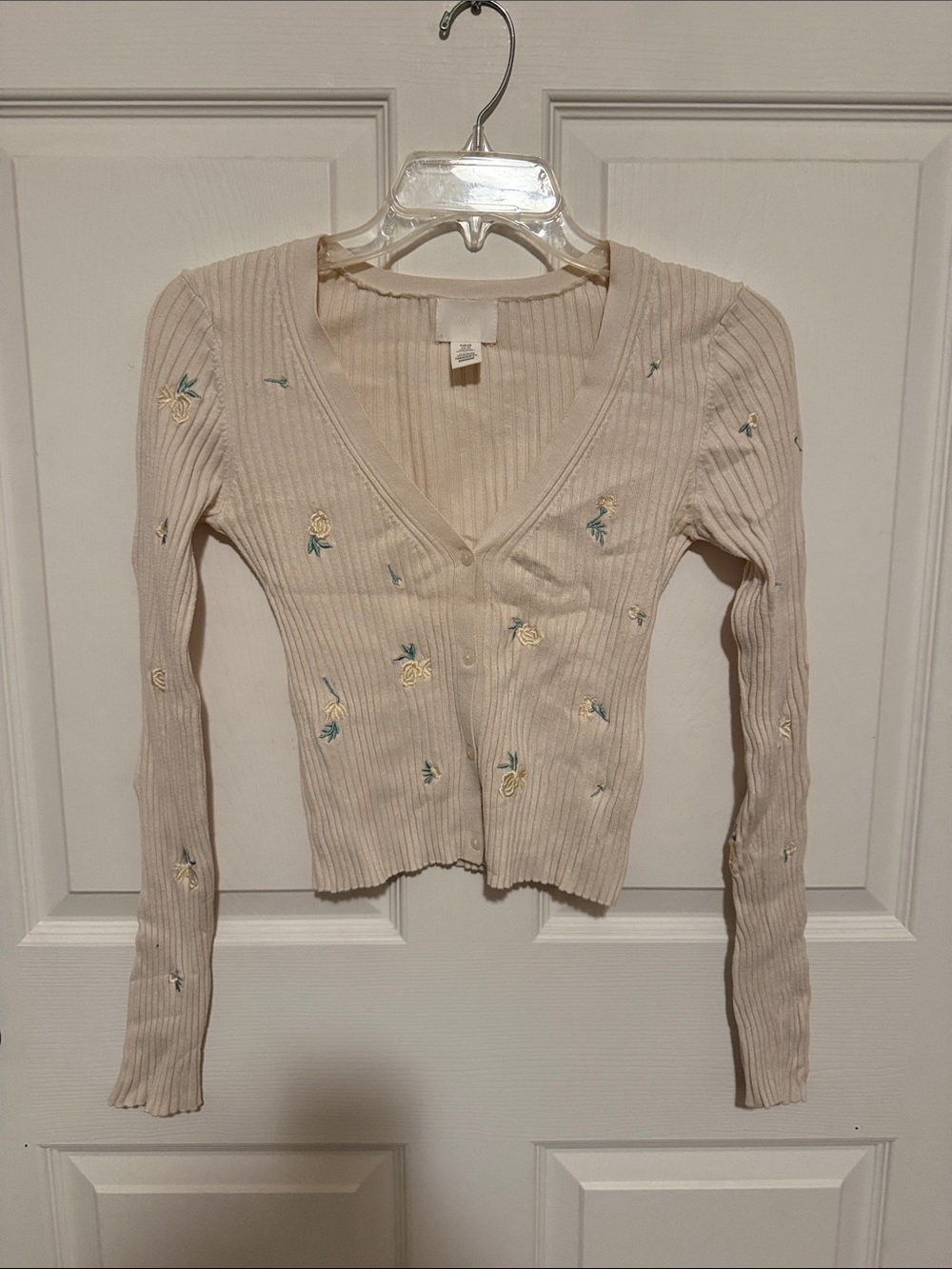 H&M Ribbed V-Neck Embroidered Cardigan